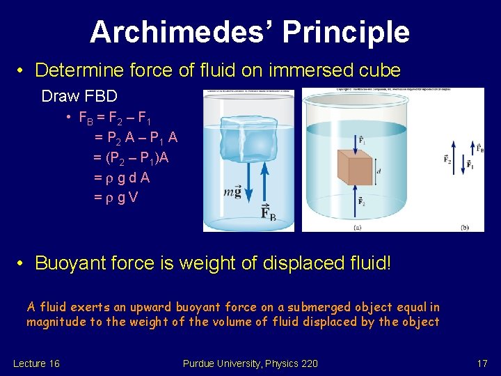 Archimedes’ Principle • Determine force of fluid on immersed cube Draw FBD • FB