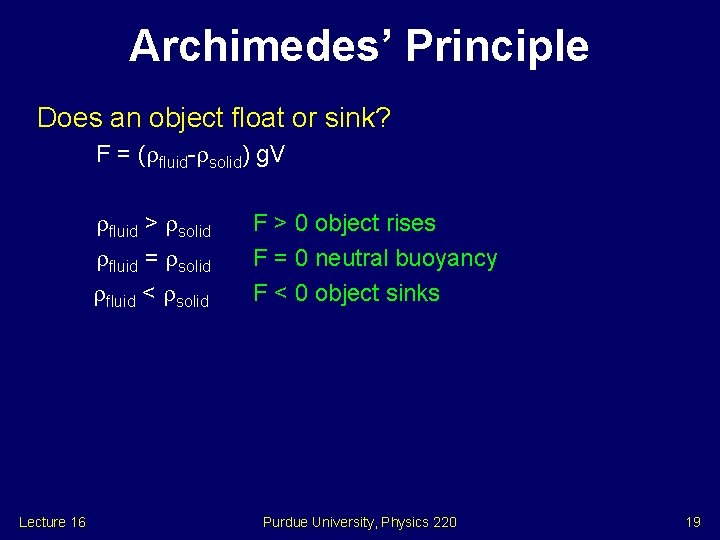 Archimedes’ Principle Does an object float or sink? F = ( fluid- solid) g.