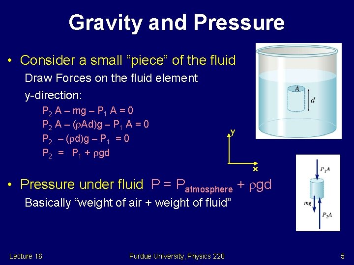 Gravity and Pressure • Consider a small “piece” of the fluid Draw Forces on