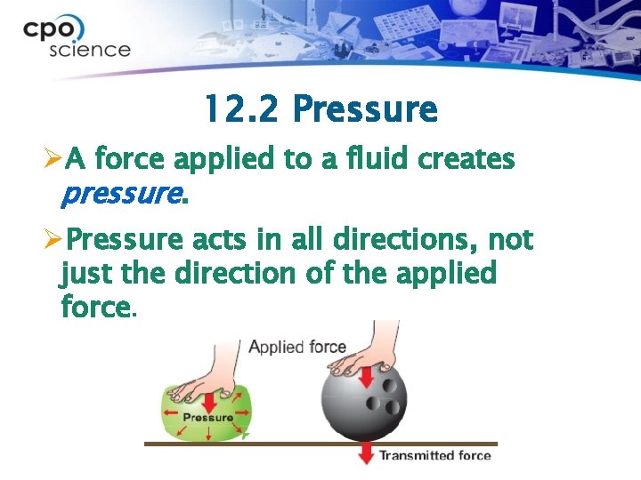 12. 2 Pressure ØA force applied to a fluid creates pressure. ØPressure acts in