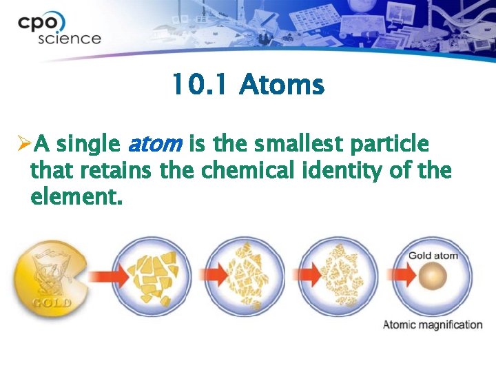 10. 1 Atoms ØA single atom is the smallest particle that retains the chemical