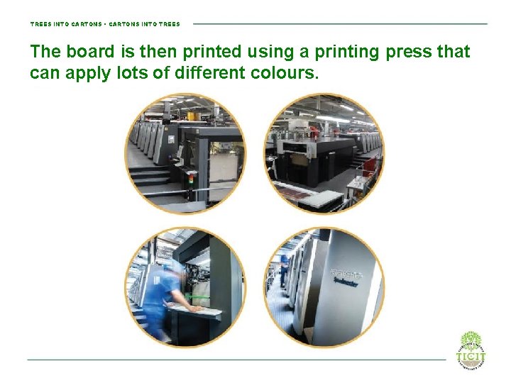 TREES INTO CARTONS • CARTONS INTO TREES The board is then printed using a