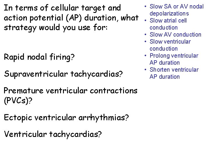 In terms of cellular target and action potential (AP) duration, what strategy would you