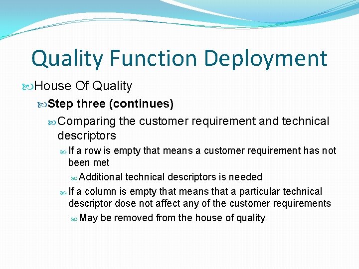 Quality Function Deployment House Of Quality Step three (continues) Comparing the customer requirement and