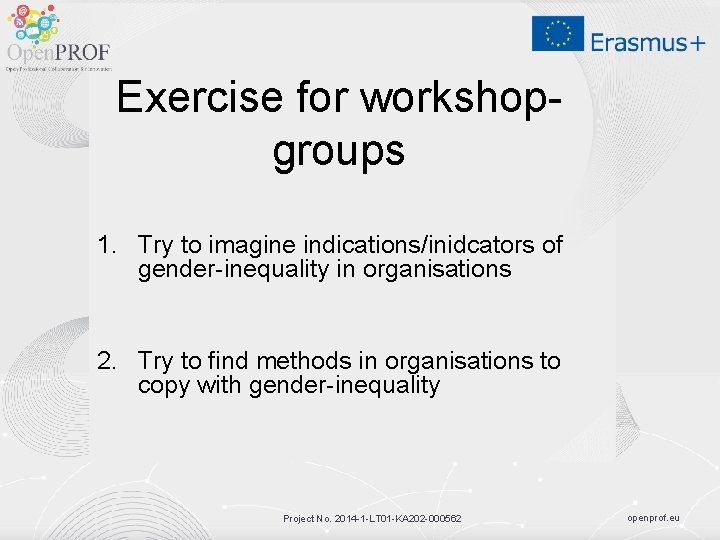 Exercise for workshopgroups 1. Try to imagine indications/inidcators of gender-inequality in organisations 2. Try