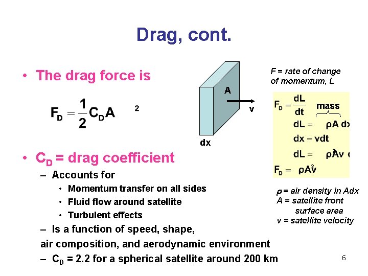 Drag, cont. F = rate of change of momentum, L • The drag force