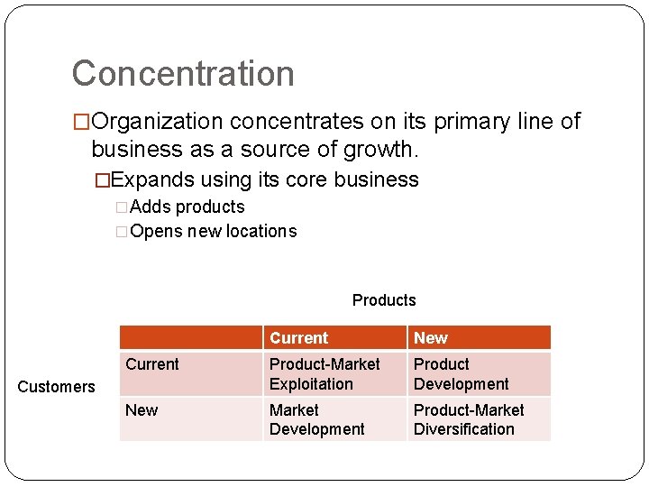 Concentration �Organization concentrates on its primary line of business as a source of growth.