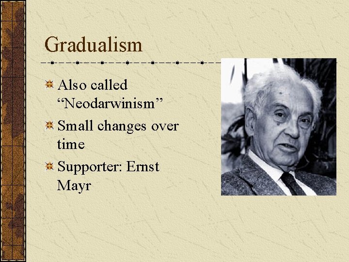 Gradualism Also called “Neodarwinism” Small changes over time Supporter: Ernst Mayr 