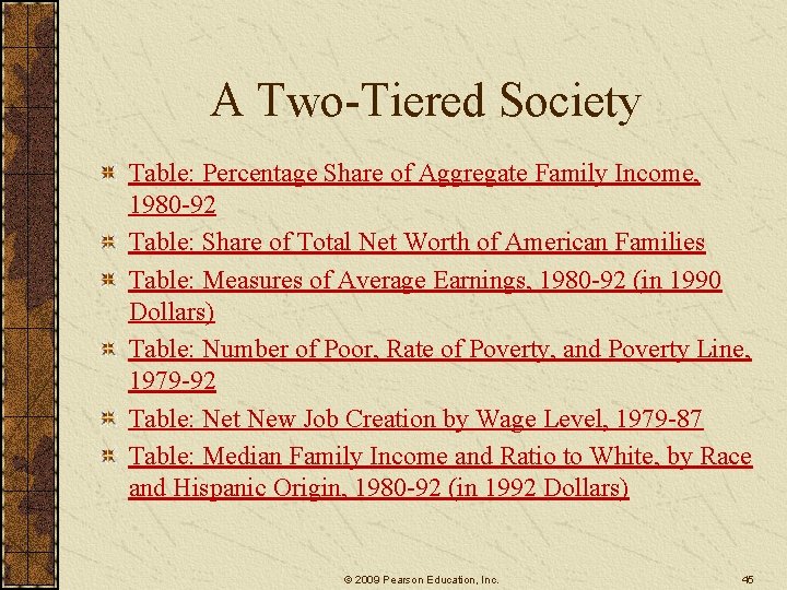 A Two-Tiered Society Table: Percentage Share of Aggregate Family Income, 1980 -92 Table: Share