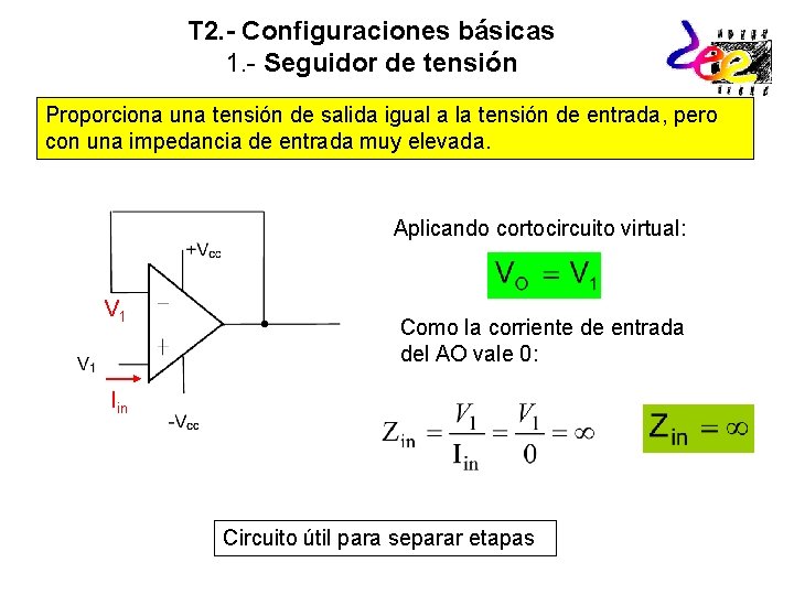 T 2. - Configuraciones básicas 1. - Seguidor de tensión Proporciona una tensión de