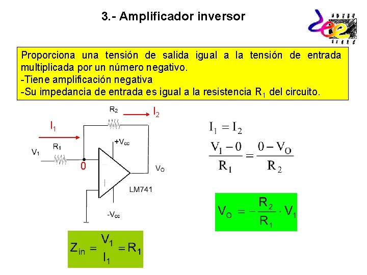 3. - Amplificador inversor Proporciona una tensión de salida igual a la tensión de