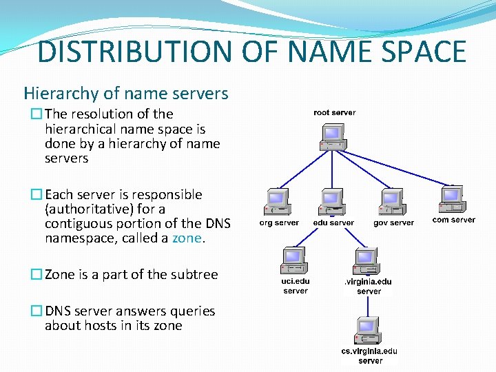 DISTRIBUTION OF NAME SPACE Hierarchy of name servers �The resolution of the hierarchical name