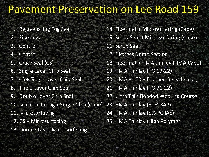 Pavement Preservation on Lee Road 159 1. Rejuvenating Fog Seal 2. Fibermat 3. Control