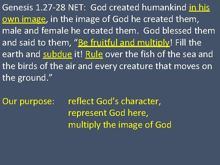 Genesis 1. 27 -28 NET: God created humankind in his own image, in the