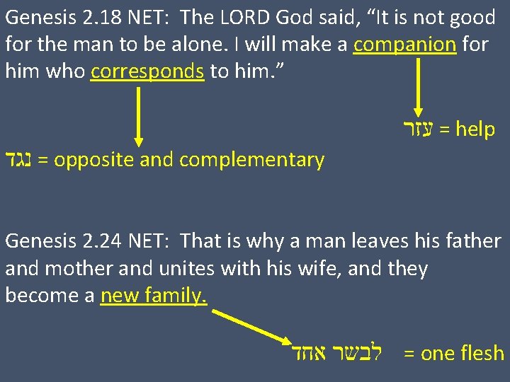 Genesis 2. 18 NET: The LORD God said, “It is not good for the