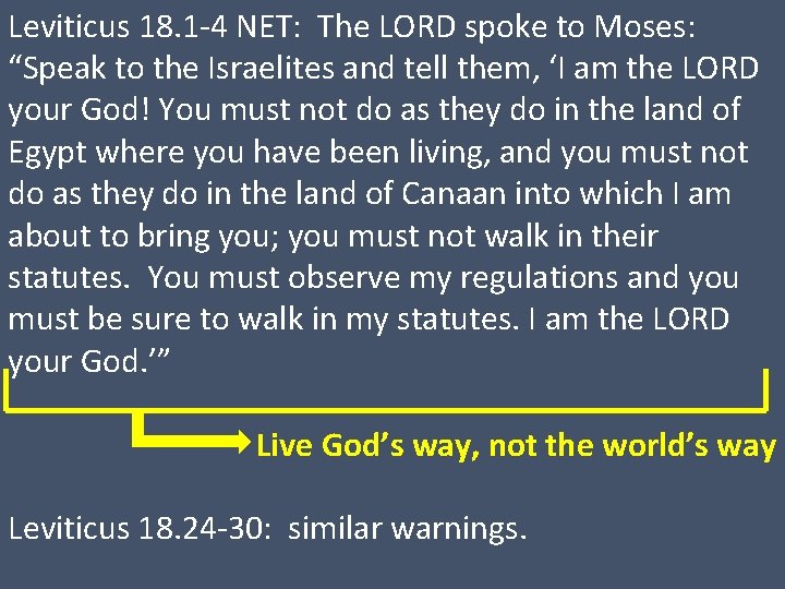Leviticus 18. 1 -4 NET: The LORD spoke to Moses: “Speak to the Israelites
