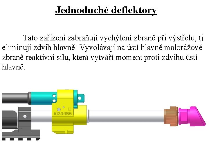 Jednoduché deflektory Tato zařízení zabraňují vychýlení zbraně při výstřelu, tj eliminují zdvih hlavně. Vyvolávají