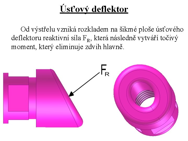 Úsťový deflektor Od výstřelu vzniká rozkladem na šikmé ploše úsťového deflektoru reaktivní síla FR,