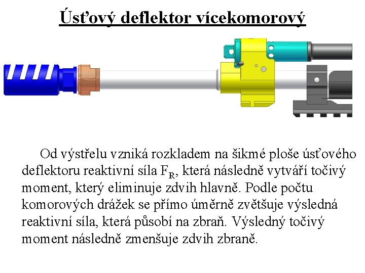 Úsťový deflektor vícekomorový Od výstřelu vzniká rozkladem na šikmé ploše úsťového deflektoru reaktivní síla