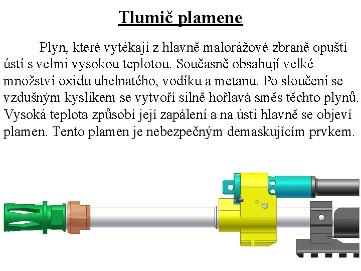 Tlumič plamene Plyn, které vytékají z hlavně malorážové zbraně opuští ústí s velmi vysokou