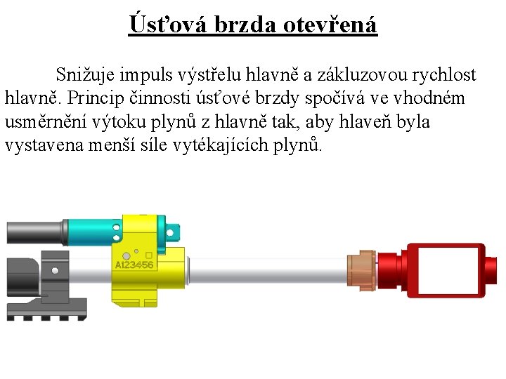 Úsťová brzda otevřená Snižuje impuls výstřelu hlavně a zákluzovou rychlost hlavně. Princip činnosti úsťové