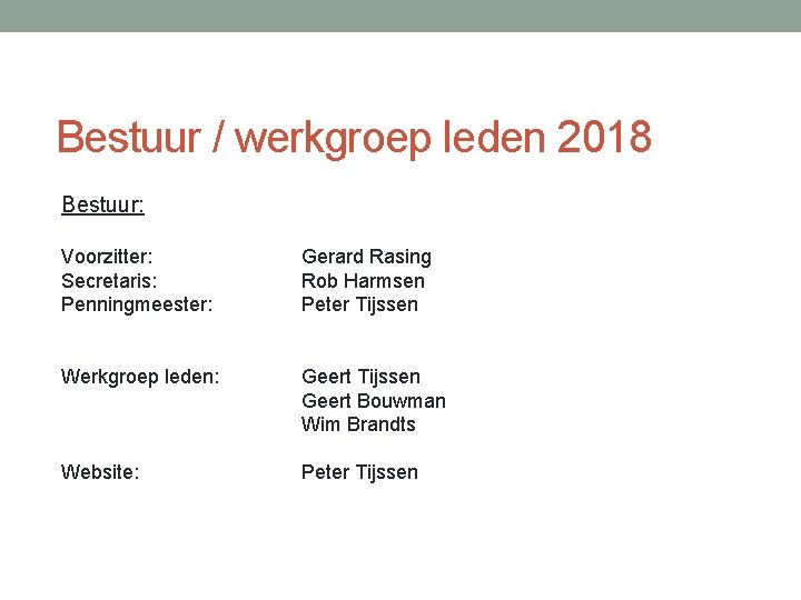 Bestuur / werkgroep leden 2018 Bestuur: Voorzitter: Secretaris: Penningmeester: Gerard Rasing Rob Harmsen Peter Bestuur / werkgroep leden 2018 Bestuur: Voorzitter: Secretaris: Penningmeester: Gerard Rasing Rob Harmsen Peter