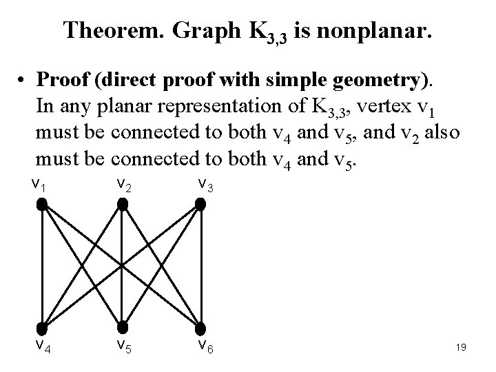 Theorem. Graph K 3, 3 is nonplanar. • Proof (direct proof with simple geometry).