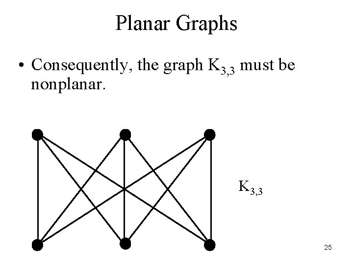 Planar Graphs • Consequently, the graph K 3, 3 must be nonplanar. K 3,