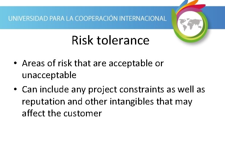 Risk tolerance • Areas of risk that are acceptable or unacceptable • Can include
