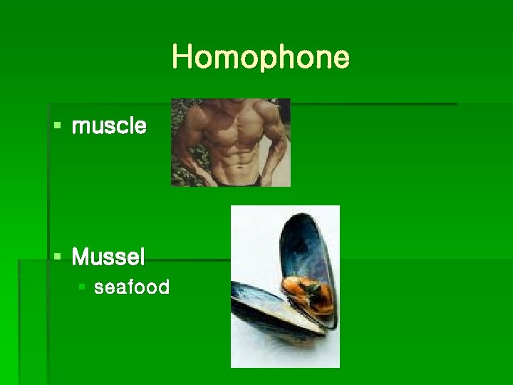 Homophone § muscle § Mussel § seafood 