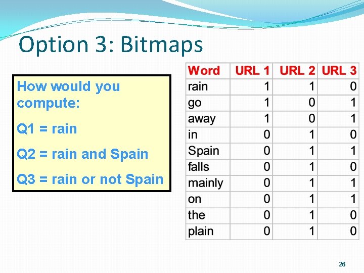 Option 3: Bitmaps How would you compute: Q 1 = rain Q 2 =