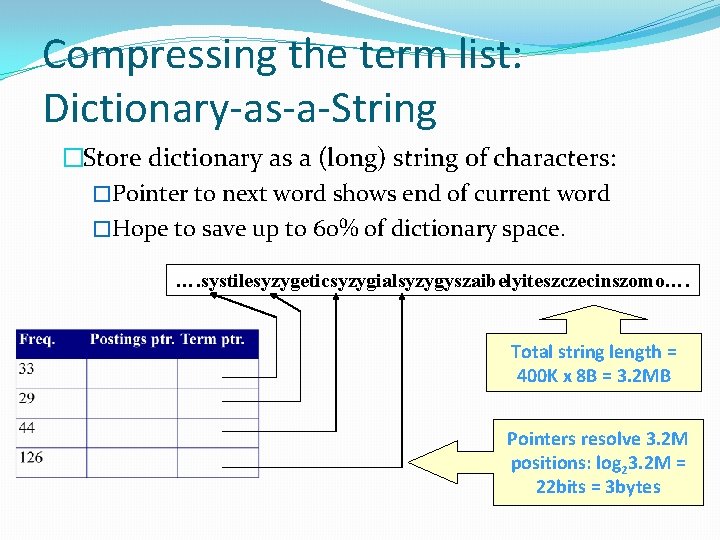 Compressing the term list: Dictionary-as-a-String �Store dictionary as a (long) string of characters: �Pointer