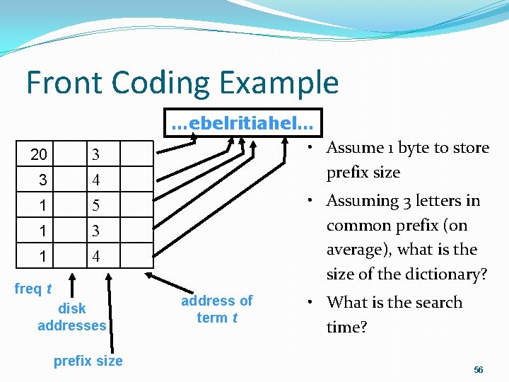 Front Coding Example 20 3 1 1 3 4 5 3 1 4 freq