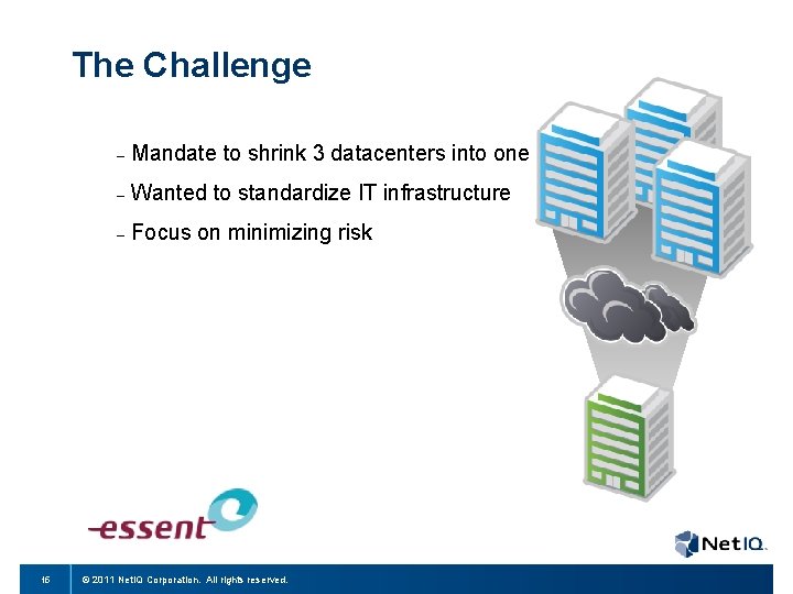 The Challenge 15 – Mandate to shrink 3 datacenters into one – Wanted to