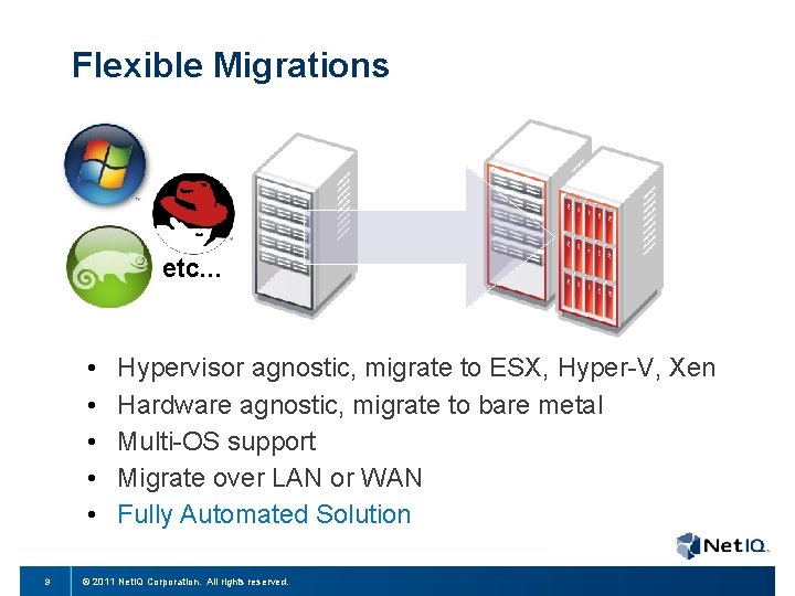 Flexible Migrations etc. . . • • • 9 Hypervisor agnostic, migrate to ESX,