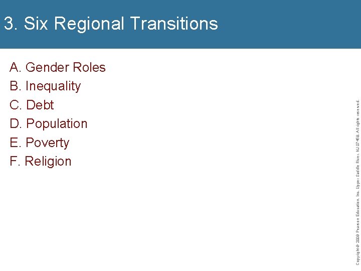 A. Gender Roles B. Inequality C. Debt D. Population E. Poverty F. Religion Copyright