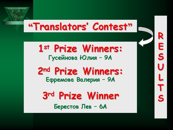 “Translators’ Contest” 1 st Prize Winners: Гусейнова Юлия – 9 А 2 nd Prize