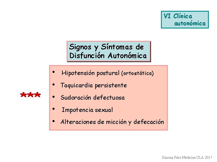 VI Clínica autonómica Signos y Síntomas de Disfunción Autonómica *** • Hipotensión postural (ortostática)