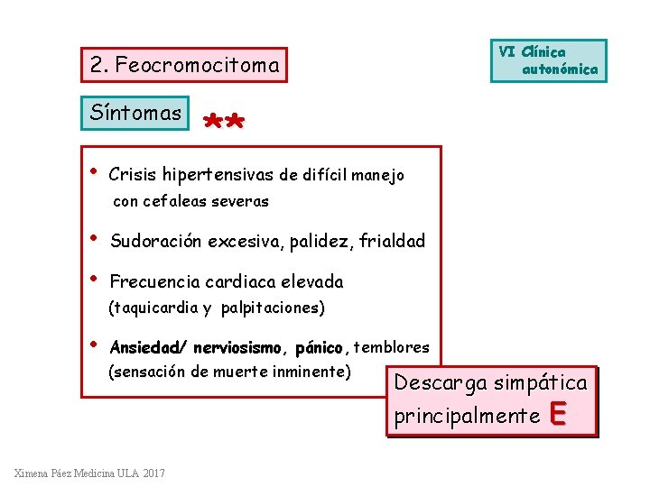 VI Clínica autonómica 2. Feocromocitoma Síntomas • ** Crisis hipertensivas de difícil manejo con