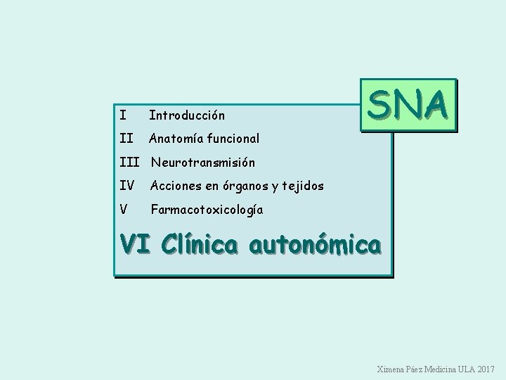 I Introducción II Anatomía funcional SNA III Neurotransmisión IV Acciones en órganos y tejidos