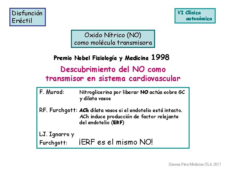 Disfunción Eréctil VI Clínica autonómica Oxido Nítrico (NO) como molécula transmisora Premio Nobel Fisiología