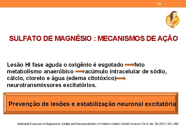 13 SULFATO DE MAGNÉSIO : MECANISMOS DE AÇÃO Lesão HI fase aguda o oxigênio