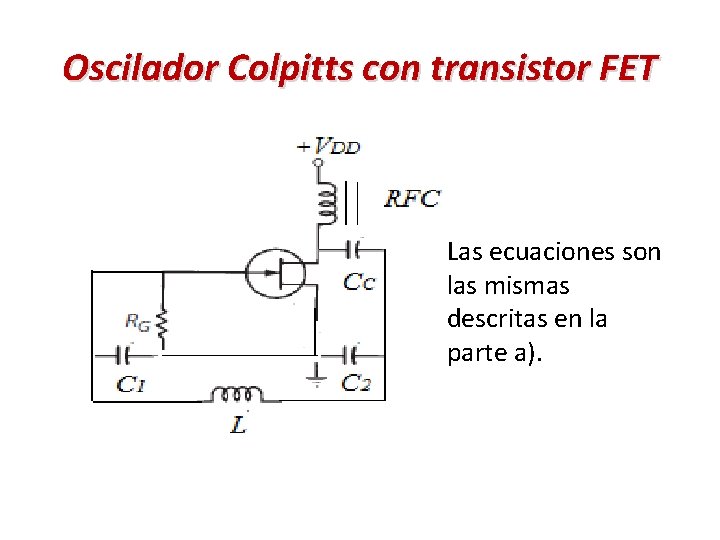 Oscilador Colpitts con transistor FET Las ecuaciones son las mismas descritas en la parte