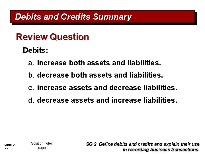 Debits and Credits Summary Review Question Debits: a. increase both assets and liabilities. b.
