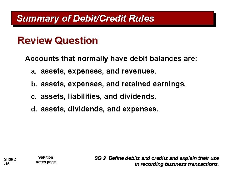 Summary of Debit/Credit Rules Review Question Accounts that normally have debit balances are: a.