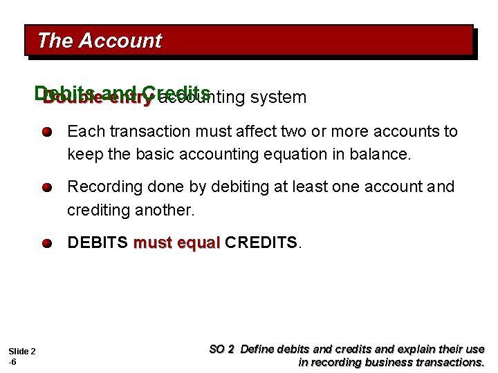 The Account Debits and Credits Double-entry accounting system Each transaction must affect two or