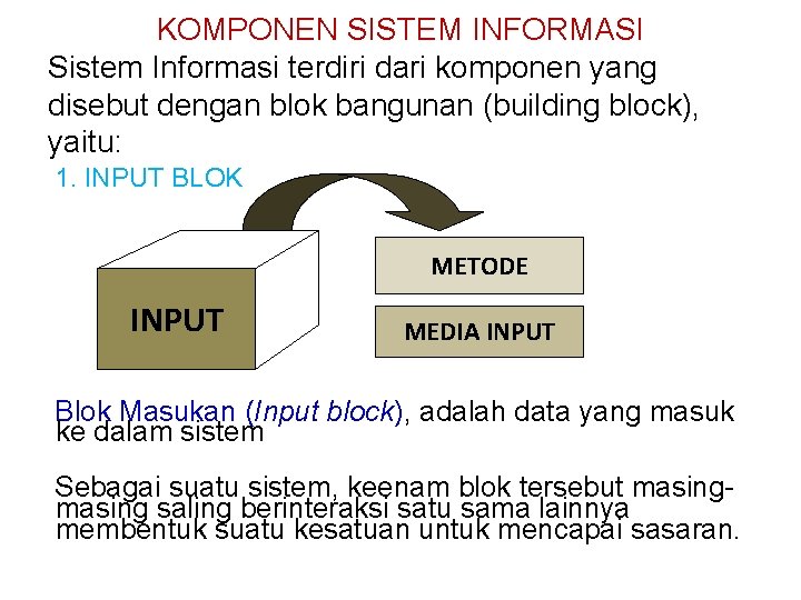 KOMPONEN SISTEM INFORMASI Sistem Informasi terdiri dari komponen yang disebut dengan blok bangunan (building