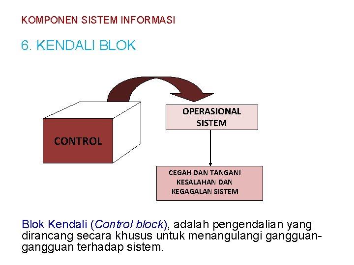 KOMPONEN SISTEM INFORMASI 6. KENDALI BLOK OPERASIONAL SISTEM CONTROL CEGAH DAN TANGANI KESALAHAN DAN