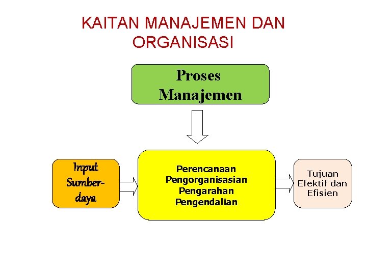 KAITAN MANAJEMEN DAN ORGANISASI Proses Manajemen Input Sumberdaya Perencanaan Pengorganisasian Pengarahan Pengendalian Tujuan Efektif