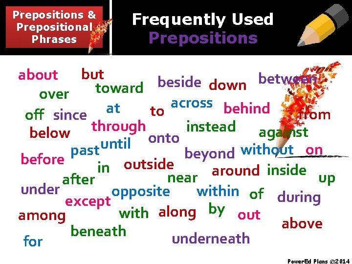 Prepositions & & Prepositions Prepositional Phrases Frequently Used Prepositions about between beside down toward